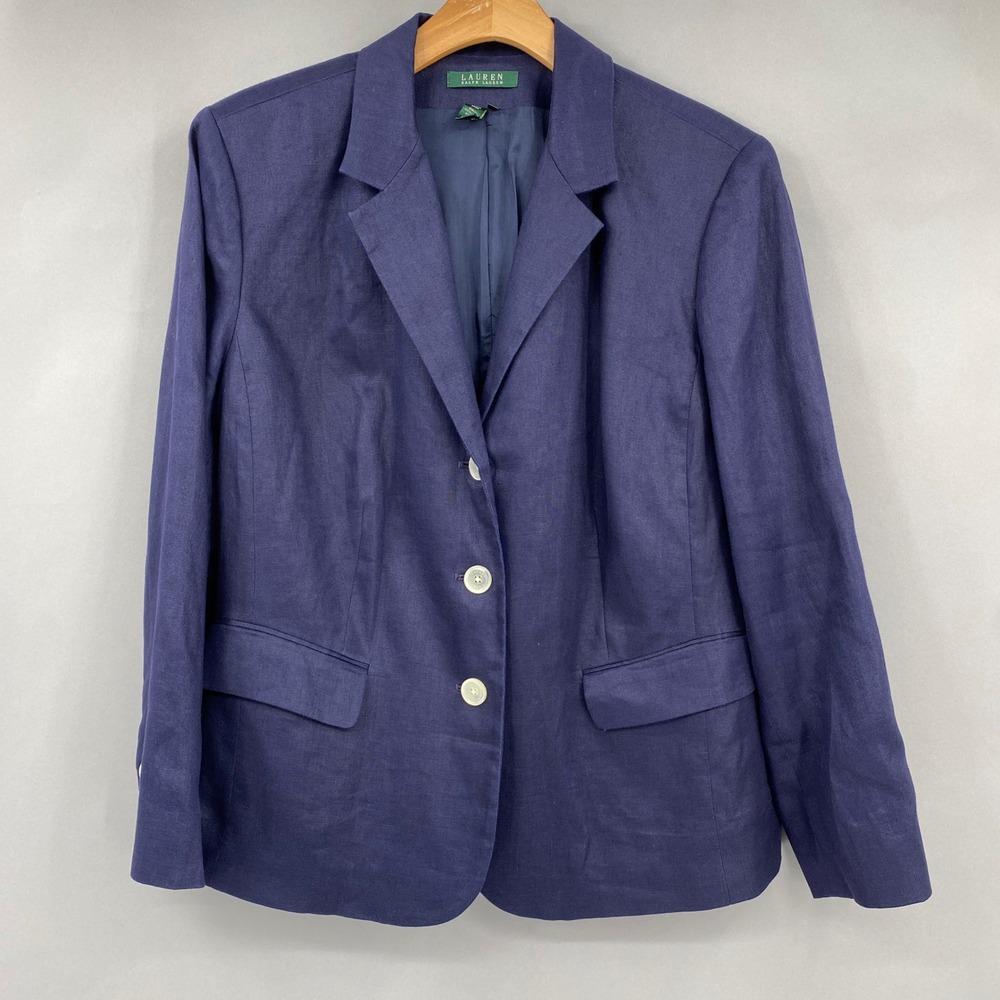 Lauren Ralph Lauren Linen Blazer Womens 18W Navy Blue 3 Button Jacket Nautical
